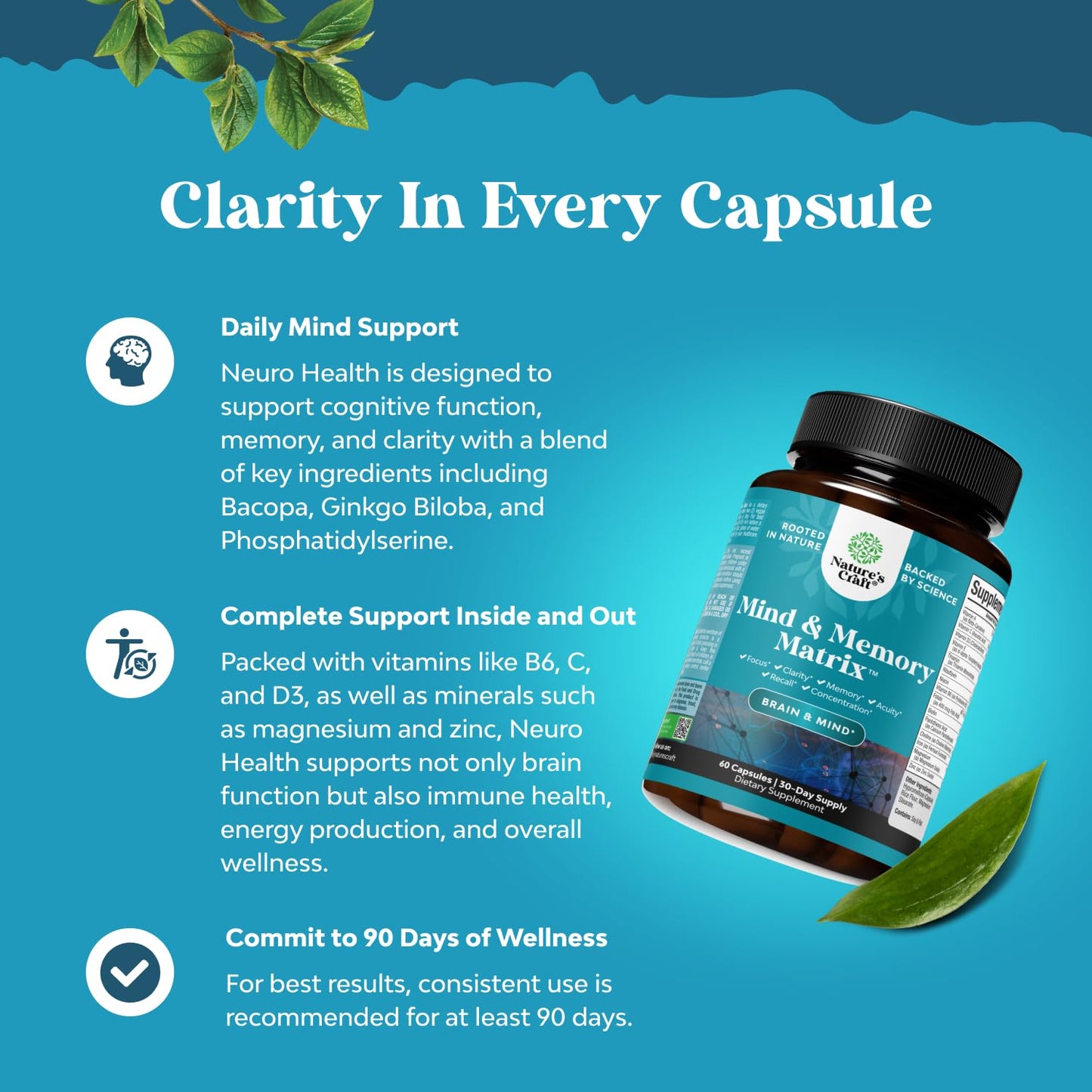 Nootropic Brain Supplement for Memory and Focus Enhancement - Vitamins for Mental Health & Clarity with VIT A, B6, Riboflavin, Niacin, Thiamin & Folate - Cognitive Complex for Mind Vitality - 60 Ct - Maple Wellness Supplements