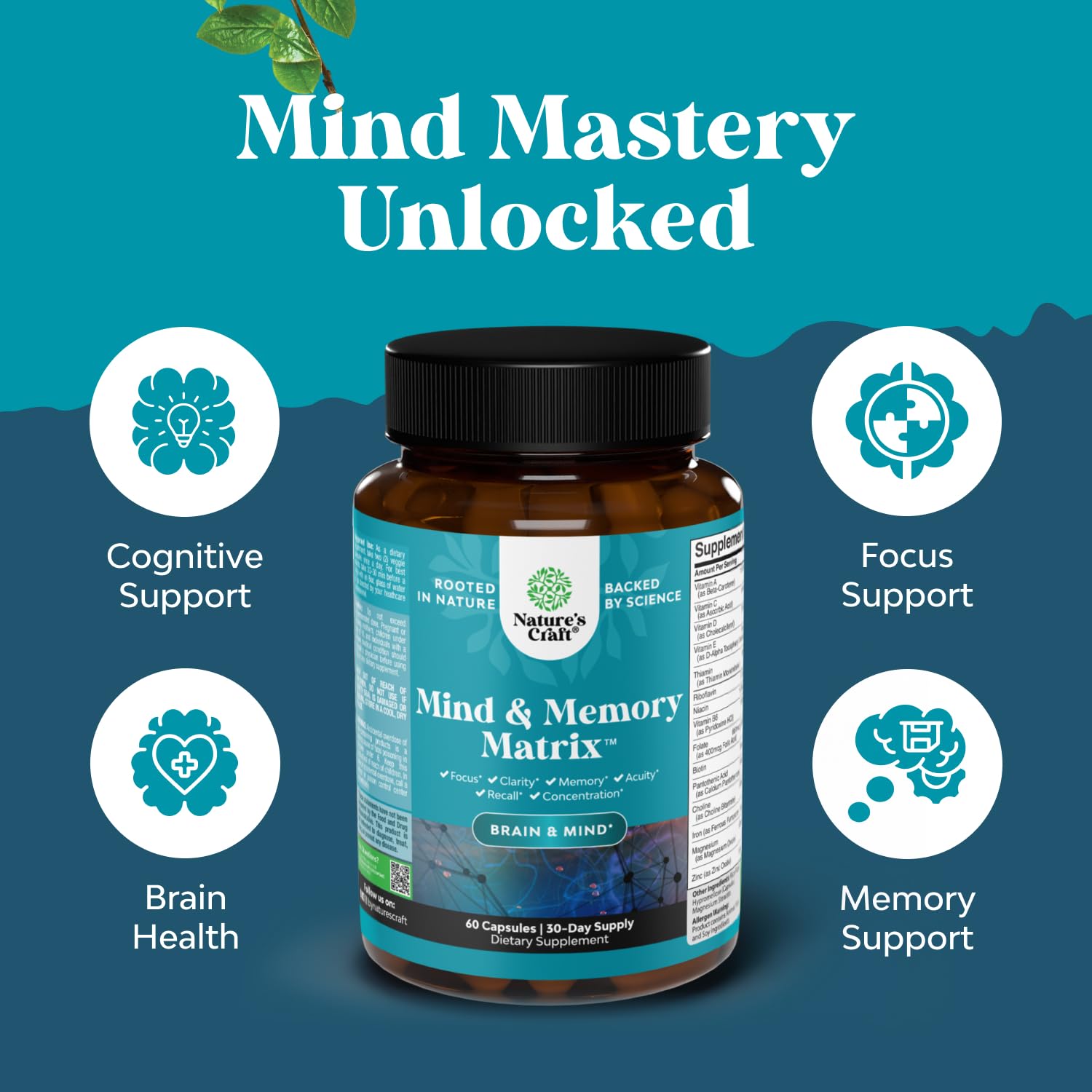 Nootropic Brain Supplement for Memory and Focus Enhancement - Vitamins for Mental Health & Clarity with VIT A, B6, Riboflavin, Niacin, Thiamin & Folate - Cognitive Complex for Mind Vitality - 60 Ct - Maple Wellness Supplements