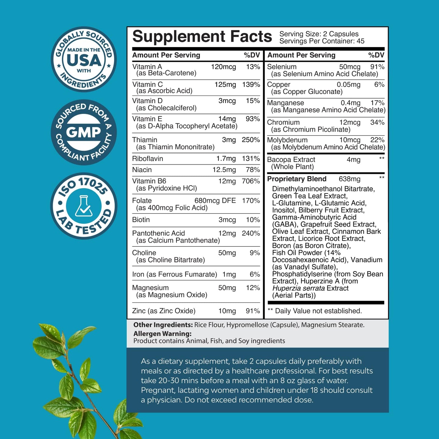 Nootropic Brain Supplement for Memory and Focus Support - Vitamins for Mental Support & Clarity with Bacopa Monnieri, VIT A, B6, Riboflavin, Niacin - Maple Wellness Supplements