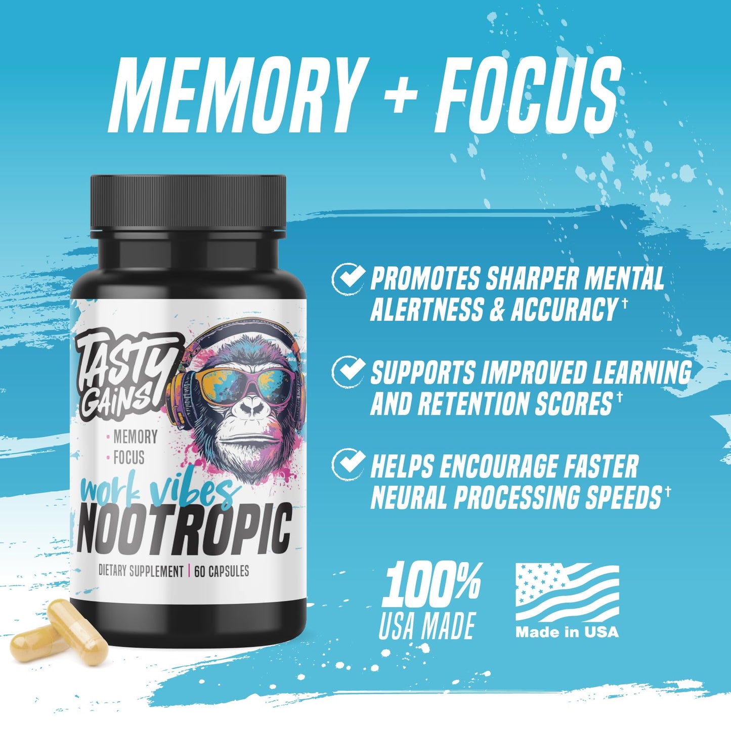 Nootropic Brain Supplement for Memory and Focus - Vitamin for Mental Health & Brain Health with L-Theanine, Rhodiola Rosea & Phosphatidylserine - Memory, Mental Clarity & Cognitive Improvement - 60 Ct - Maple Wellness Supplements