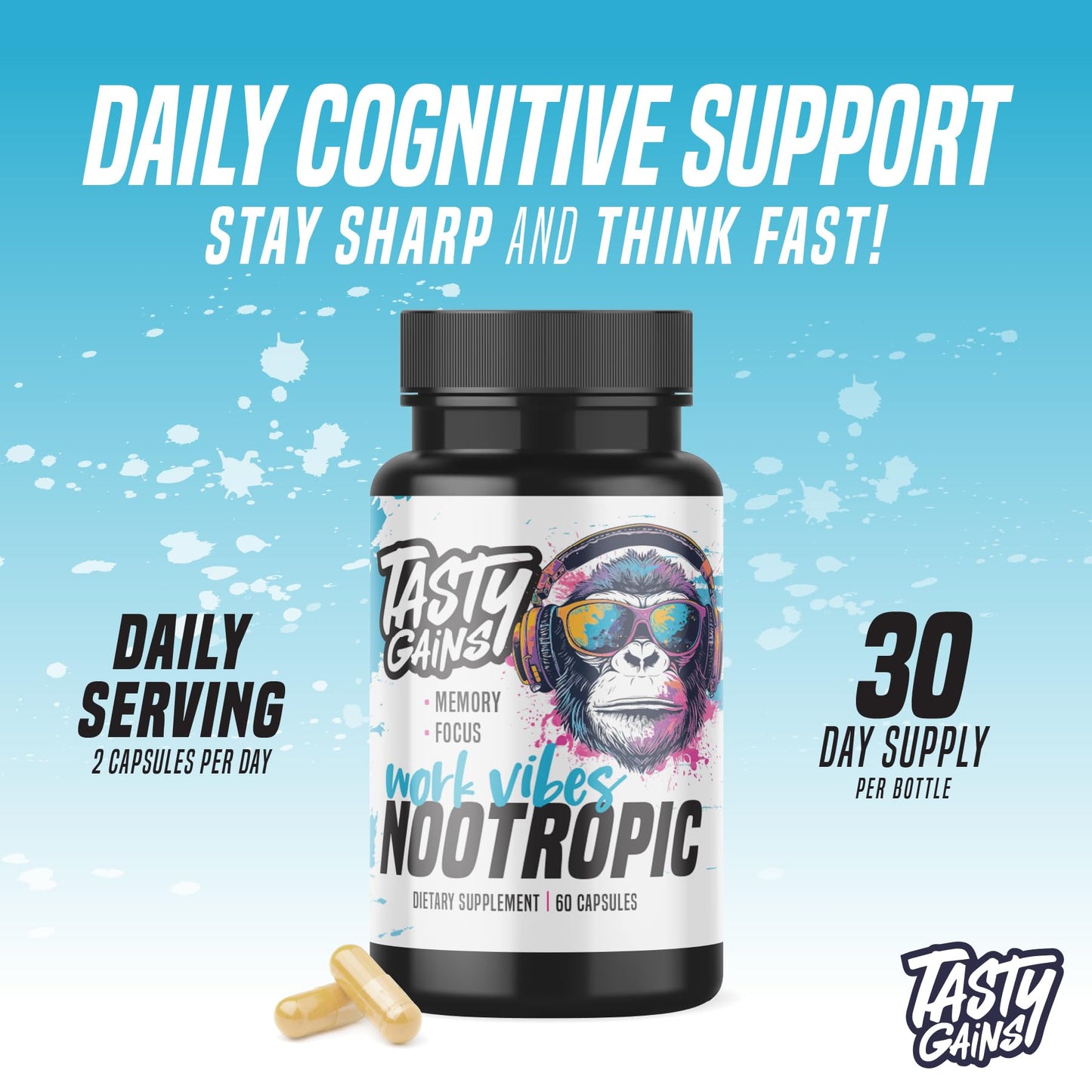 Nootropic Brain Supplement for Memory and Focus - Vitamin for Mental Health & Brain Health with L-Theanine, Rhodiola Rosea & Phosphatidylserine - Memory, Mental Clarity & Cognitive Improvement - 60 Ct - Maple Wellness Supplements