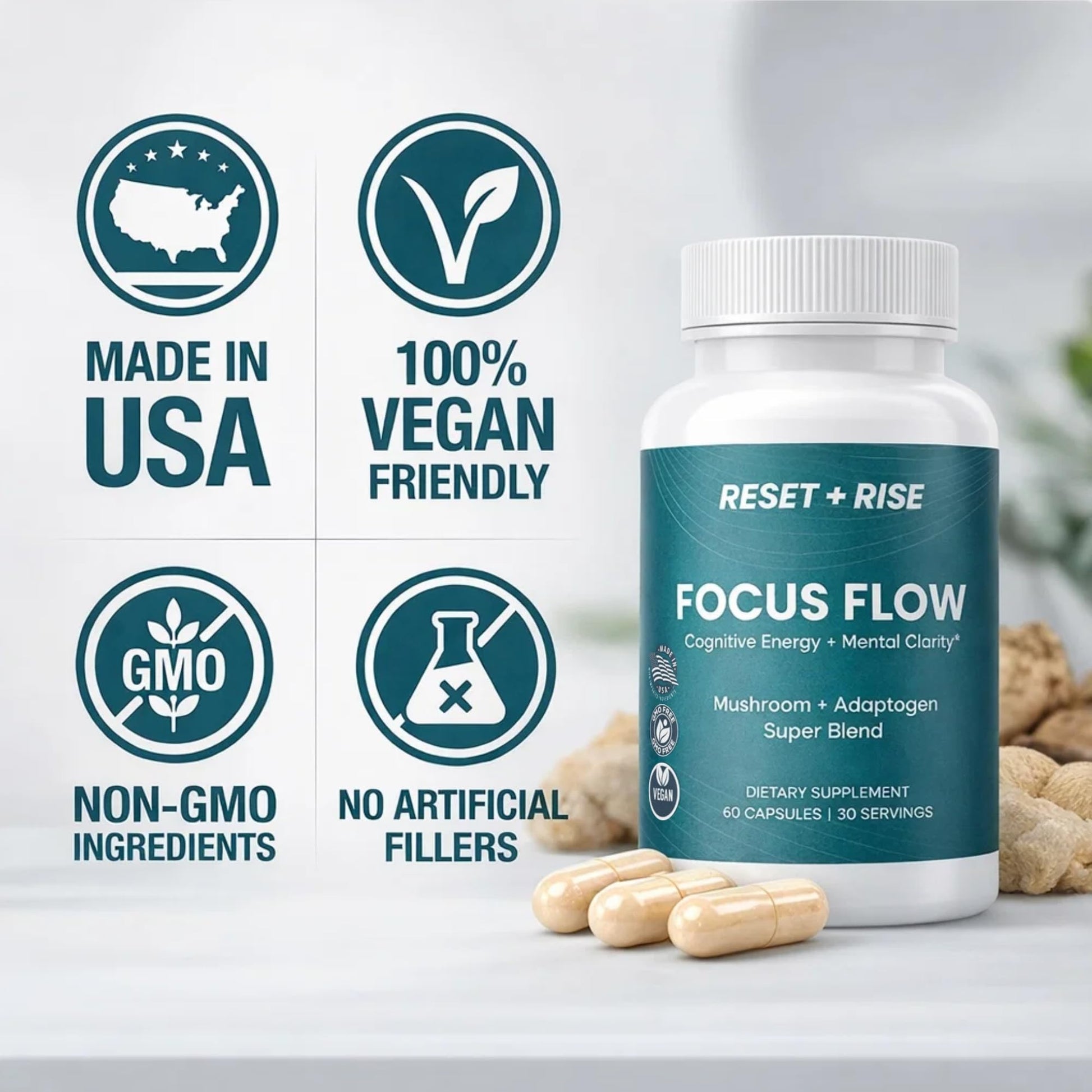Nootropic Brain Supplement with Lion’s Mane Mushroom, Cordyceps & Rhodiola Rosea Extract - Focus and Energy Supplement, Adaptogen for Brain Health, Mental Clarity, Memory & Mood Support - 60 Capsules - Maple Wellness Supplements