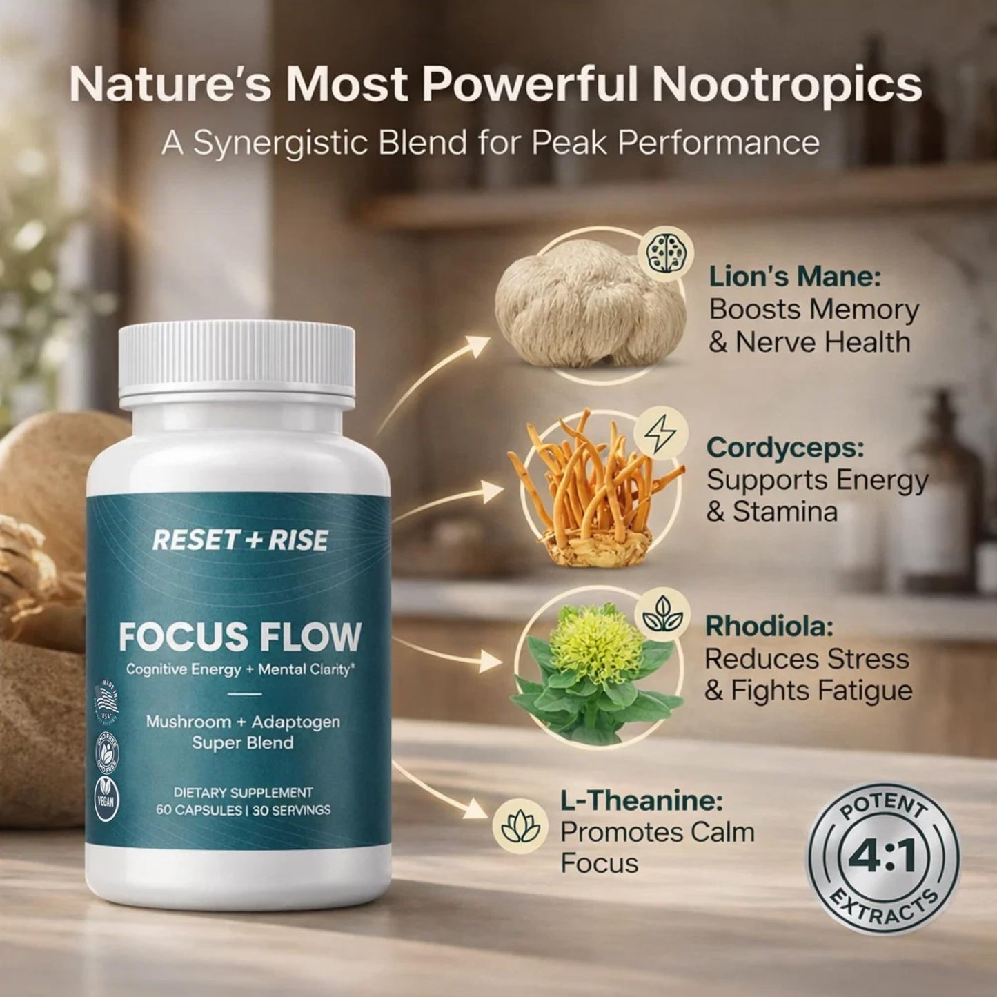 Nootropic Brain Supplement with Lion’s Mane Mushroom, Cordyceps & Rhodiola Rosea Extract - Focus and Energy Supplement, Adaptogen for Brain Health, Mental Clarity, Memory & Mood Support - 60 Capsules - Maple Wellness Supplements