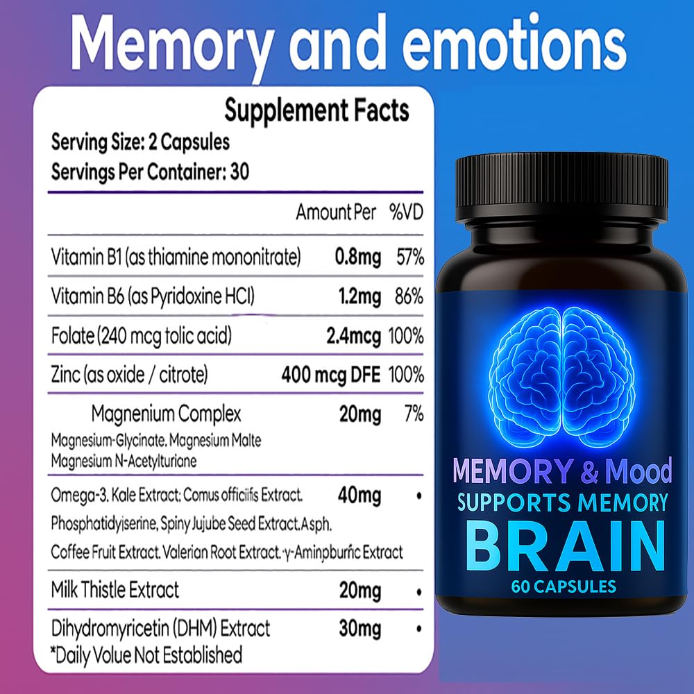 Nootropic Brain Supplements for Memory and Focus, Cognitive Support Formula with B Vitamins, Folate & Dihydromyricetin – Mental Clarity & Daily Performance, 60 Capsules (1) - Maple Wellness Supplements