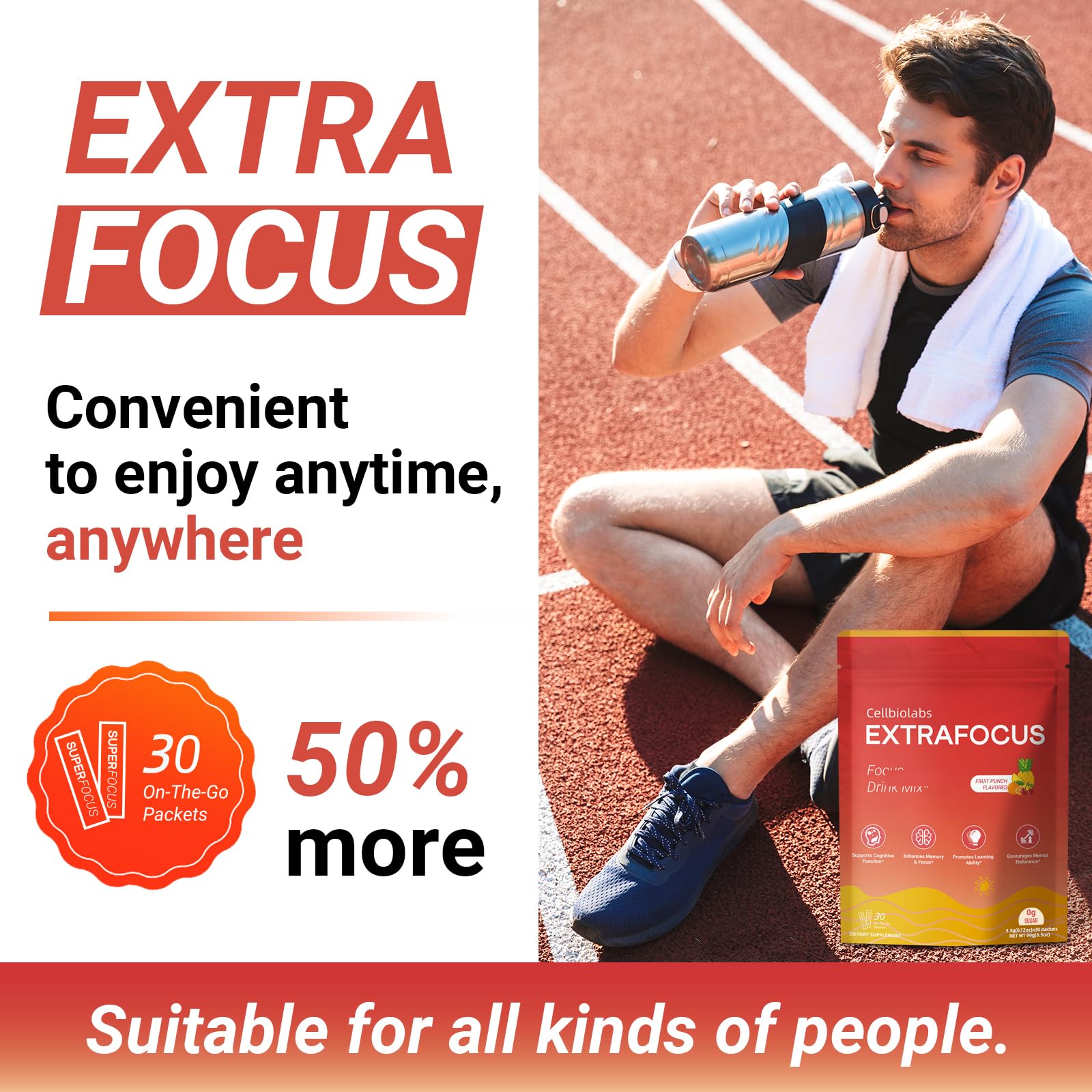 Nootropic Extra Focus Drink Mix, 30 Packs On-The-Go Sticks, Featuring Alpha-GPC, Lion's Mane & Rhodiola, Sugar-Free Packets Fruit Punch Clean Drink Mix - Maple Wellness Supplements