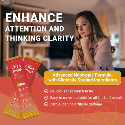 Nootropic Extra Focus Drink Mix, 30 Packs On-The-Go Sticks, Featuring Alpha-GPC, Lion's Mane & Rhodiola, Sugar-Free Packets Fruit Punch Clean Drink Mix - Maple Wellness Supplements