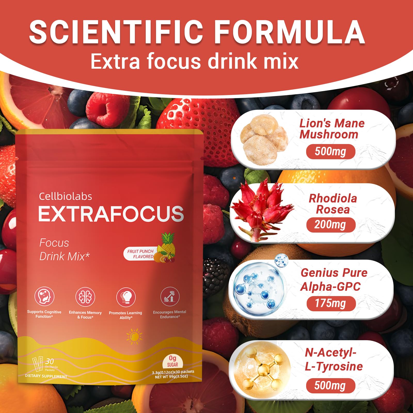 Nootropic Extra Focus Drink Mix, 30 Packs On-The-Go Sticks, Featuring Alpha-GPC, Lion's Mane & Rhodiola, Sugar-Free Packets Fruit Punch Clean Drink Mix - Maple Wellness Supplements