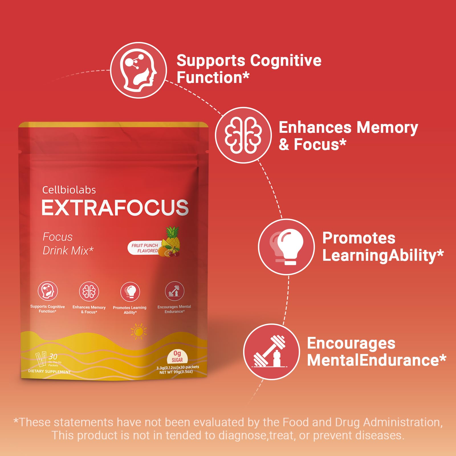 Nootropic Extra Focus Drink Mix, 30 Packs On-The-Go Sticks, Featuring Alpha-GPC, Lion's Mane & Rhodiola, Sugar-Free Packets Fruit Punch Clean Drink Mix - Maple Wellness Supplements