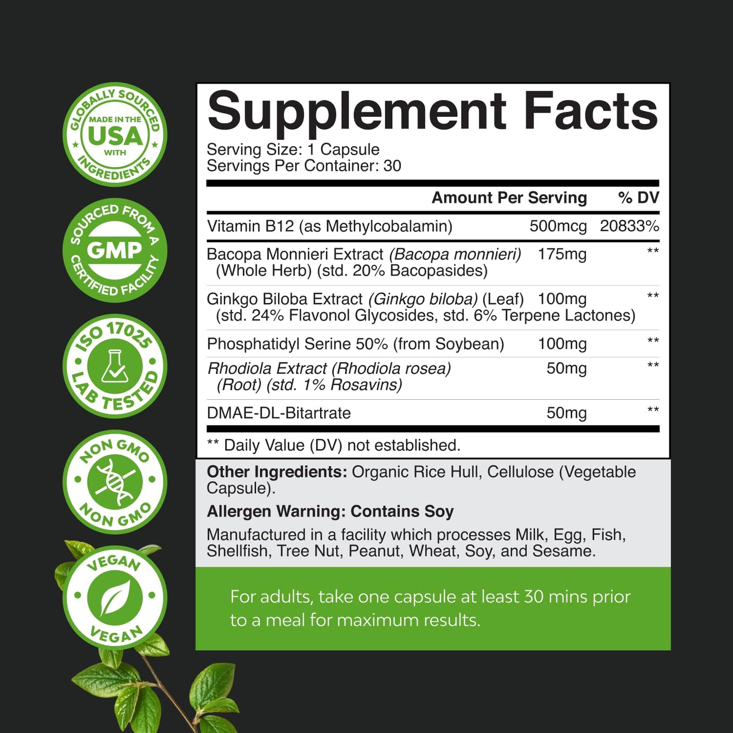 Nootropic Memory Supplement for Brain Support - Memory Pills for Brain Boost and Natural Energy Booster - Vitamin B 12 Bacopa Monnieri Rhodiola Rosea DMAE Ginkgo Biloba Phosphatidylserine Supplement - Maple Wellness Supplements