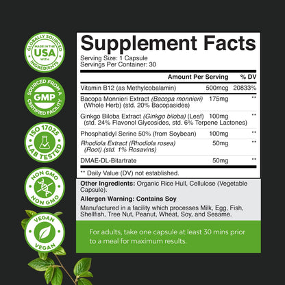 Nootropic Memory Supplement for Brain Support - Memory Pills for Brain Boost and Natural Energy Booster - Vitamin B 12 Bacopa Monnieri Rhodiola Rosea DMAE Ginkgo Biloba Phosphatidylserine Supplement - Maple Wellness Supplements