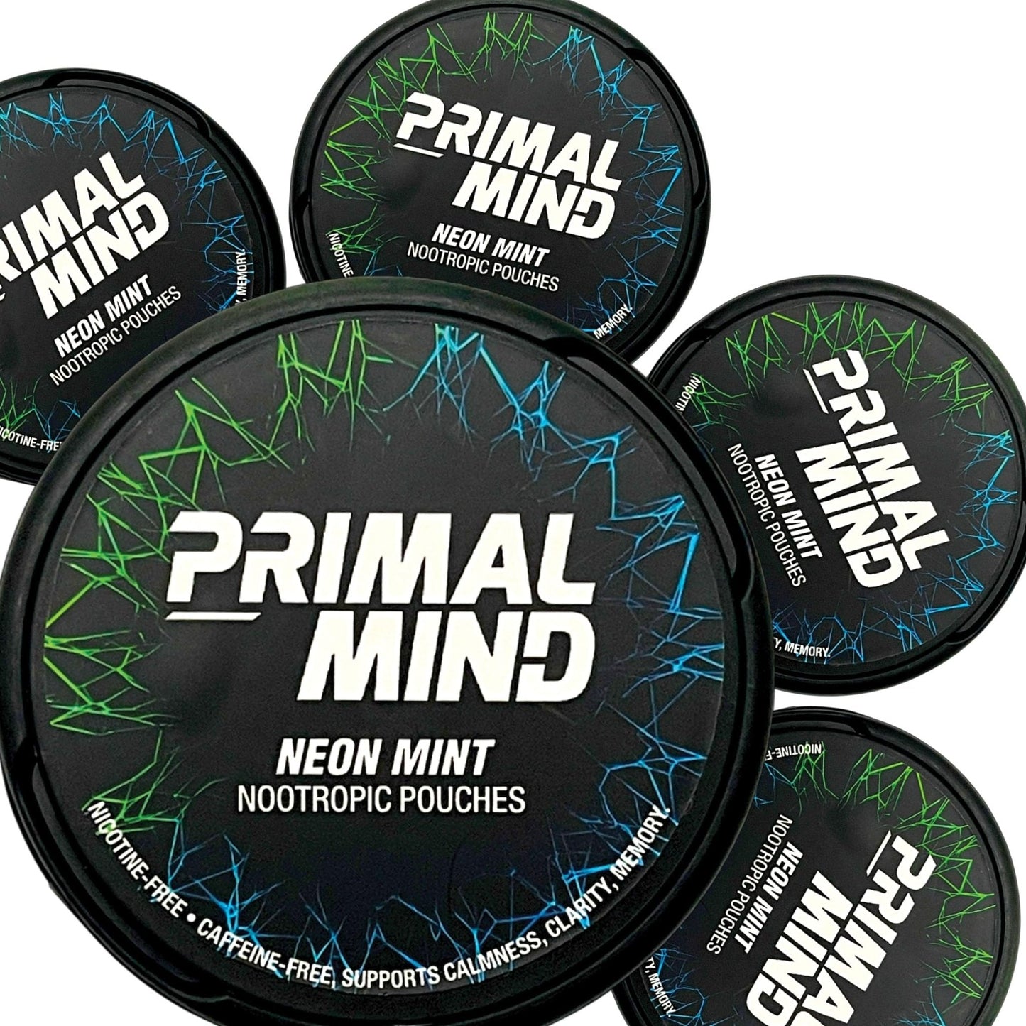 Nootropic Pouches - Primal Mind Caffeine Free Nootropics Pouches Made with Ginkgo Biloba & L-Theanine - Nicotine Free Brain Boost, No Sugar, Cognitive Support – 20 Pouches Per Can, 5 Pack (Neon Mint) - Maple Wellness Supplements