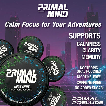 Nootropic Pouches - Primal Mind Caffeine Free Nootropics Pouches Made with Ginkgo Biloba & L-Theanine - Nicotine Free Brain Boost, No Sugar, Cognitive Support – 20 Pouches Per Can, 5 Pack (Neon Mint) - Maple Wellness Supplements