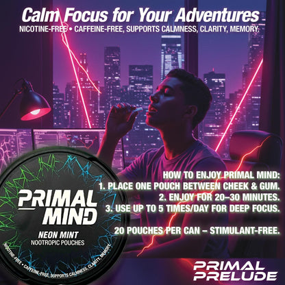 Nootropic Pouches - Primal Mind Caffeine Free Nootropics Pouches Made with Ginkgo Biloba & L-Theanine - Nicotine Free Brain Boost, No Sugar, Cognitive Support – 20 Pouches Per Can, 5 Pack (Neon Mint) - Maple Wellness Supplements