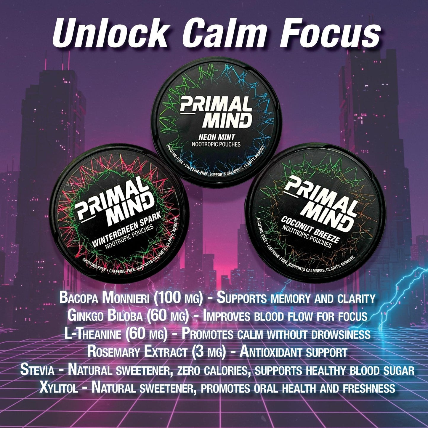 Nootropic Pouches - Primal Mind Caffeine Free Nootropics Pouches Made with Ginkgo Biloba & L-Theanine - Nicotine Free Brain Boost, No Sugar, Cognitive Support – 20 Pouches Per Can, 5 Pack (Neon Mint) - Maple Wellness Supplements