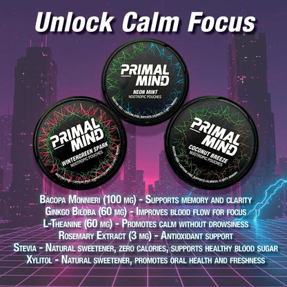 Nootropic Pouches - Primal Mind Caffeine Free Nootropics Pouches Made with Ginkgo Biloba & L-Theanine - Nicotine Free Brain Boost, No Sugar, Cognitive Support – 20 Pouches Per Can, 5 Pack (Neon Mint) - Maple Wellness Supplements