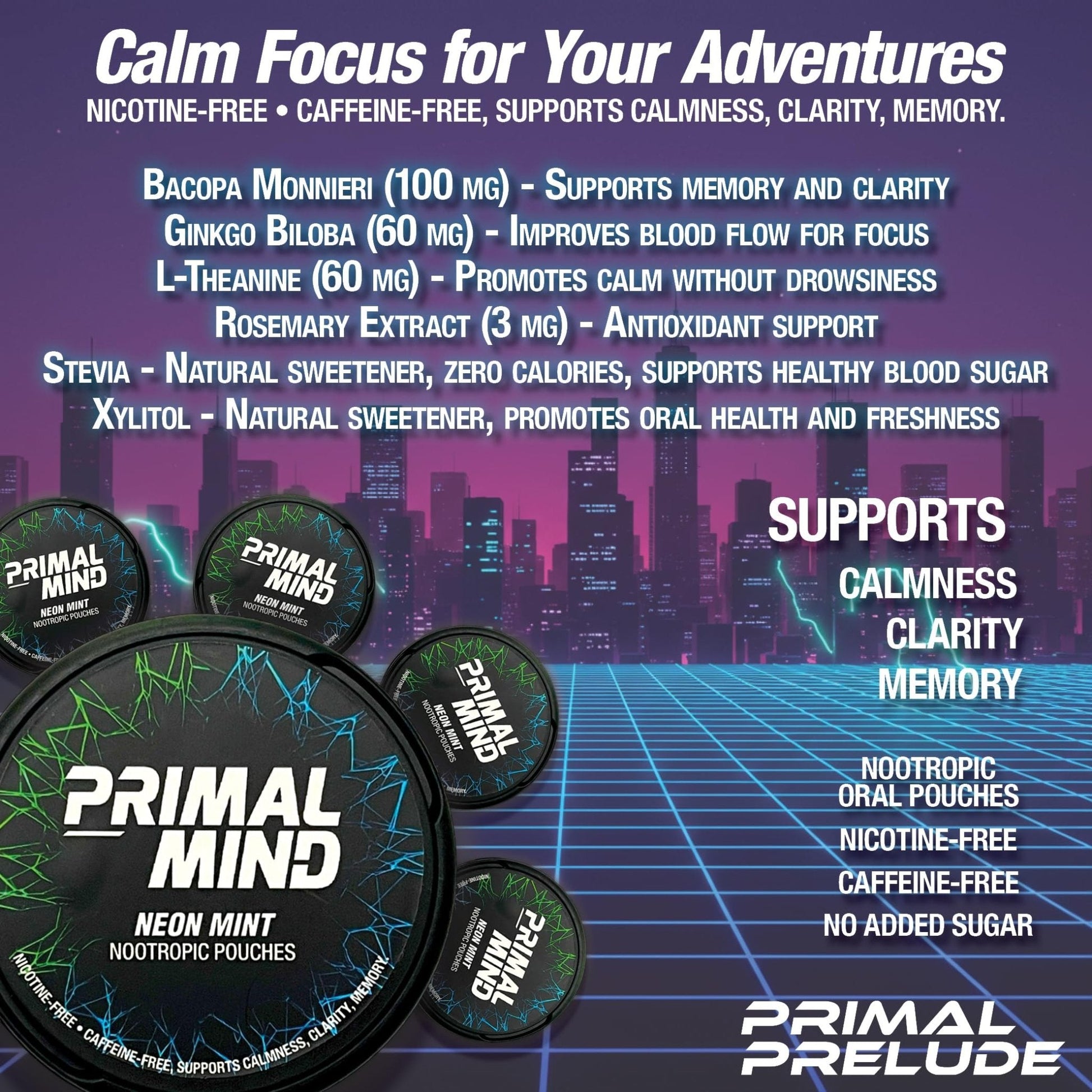 Nootropic Pouches - Primal Mind Caffeine Free Nootropics Pouches Made with Ginkgo Biloba & L-Theanine - Nicotine Free Brain Boost, No Sugar, Cognitive Support – 20 Pouches Per Can, 5 Pack (Neon Mint) - Maple Wellness Supplements