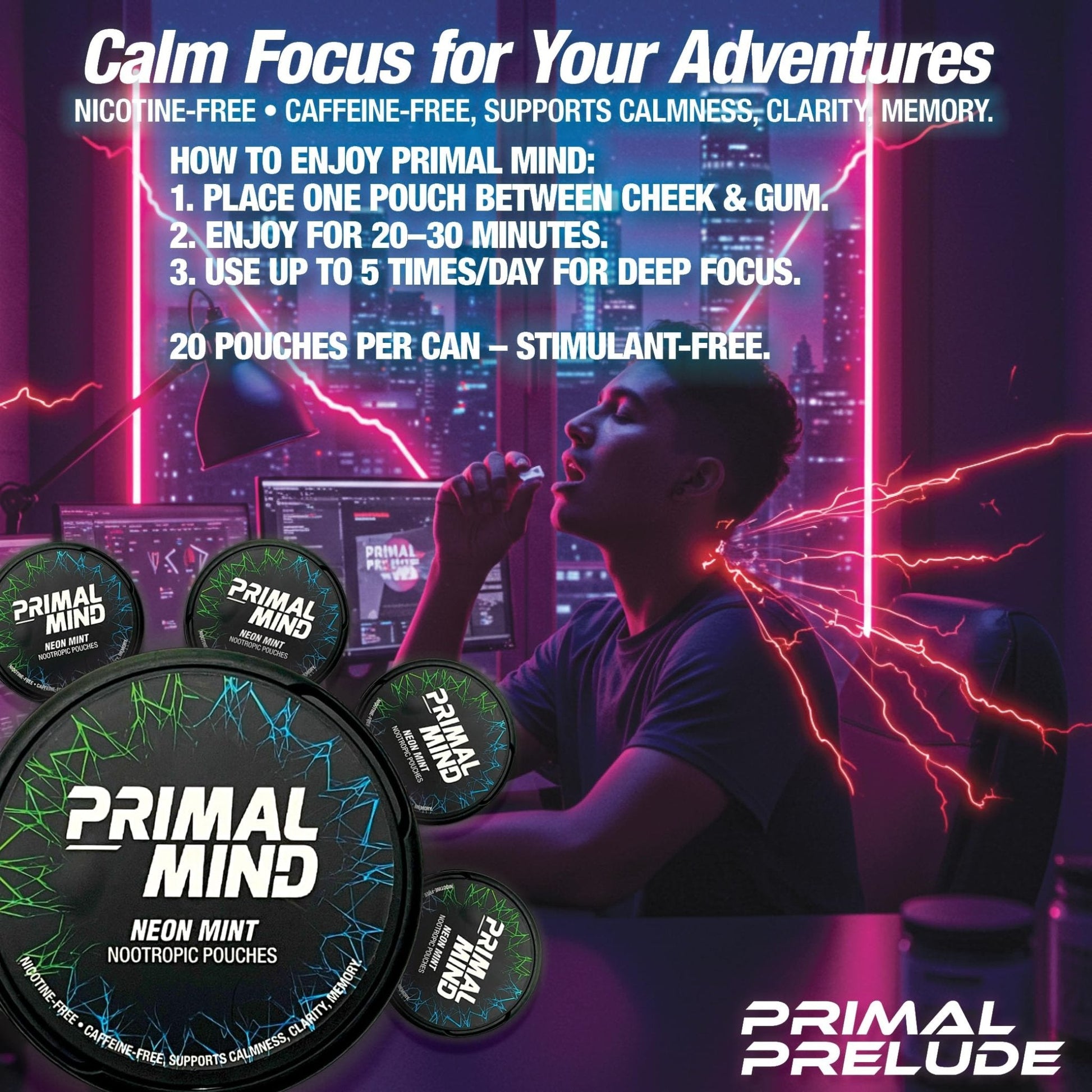 Nootropic Pouches - Primal Mind Caffeine Free Nootropics Pouches Made with Ginkgo Biloba & L-Theanine - Nicotine Free Brain Boost, No Sugar, Cognitive Support – 20 Pouches Per Can, 5 Pack (Neon Mint) - Maple Wellness Supplements