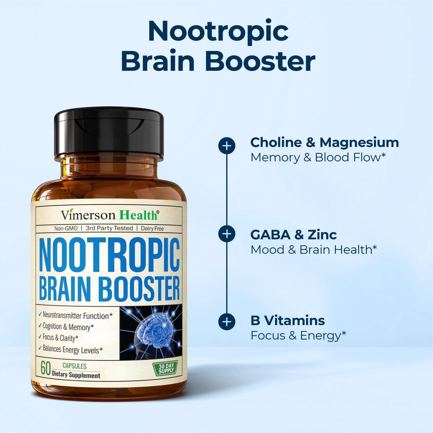 Nootropics Brain Support Supplement - Nootropic Brain Booster for Improved Focus, Concentration & Memory. Brain Nootropic for Brain Health, Mood & Energy Support. Non-GMO. Made in the USA. 60 Capsules - Maple Wellness Supplements