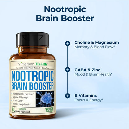 Nootropics Brain Support Supplement - Nootropic Brain Booster for Improved Focus, Concentration & Memory. Brain Nootropic for Brain Health, Mood & Energy Support. Non-GMO. Made in the USA. 60 Capsules - Maple Wellness Supplements