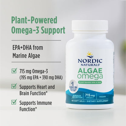 Nordic Naturals Algae Omega - 120 Soft Gels - 715 mg Omega-3 - Certified Vegan Algae Oil - Plant-Based EPA & DHA - Heart, Eye - Maple Wellness Supplements
