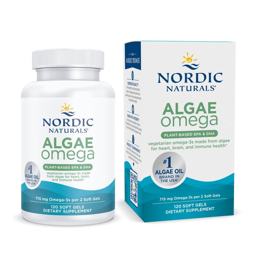 Nordic Naturals Algae Omega - 120 Soft Gels - 715 mg Omega-3 - Certified Vegan Algae Oil - Plant-Based EPA & DHA - Heart, Eye - Maple Wellness Supplements