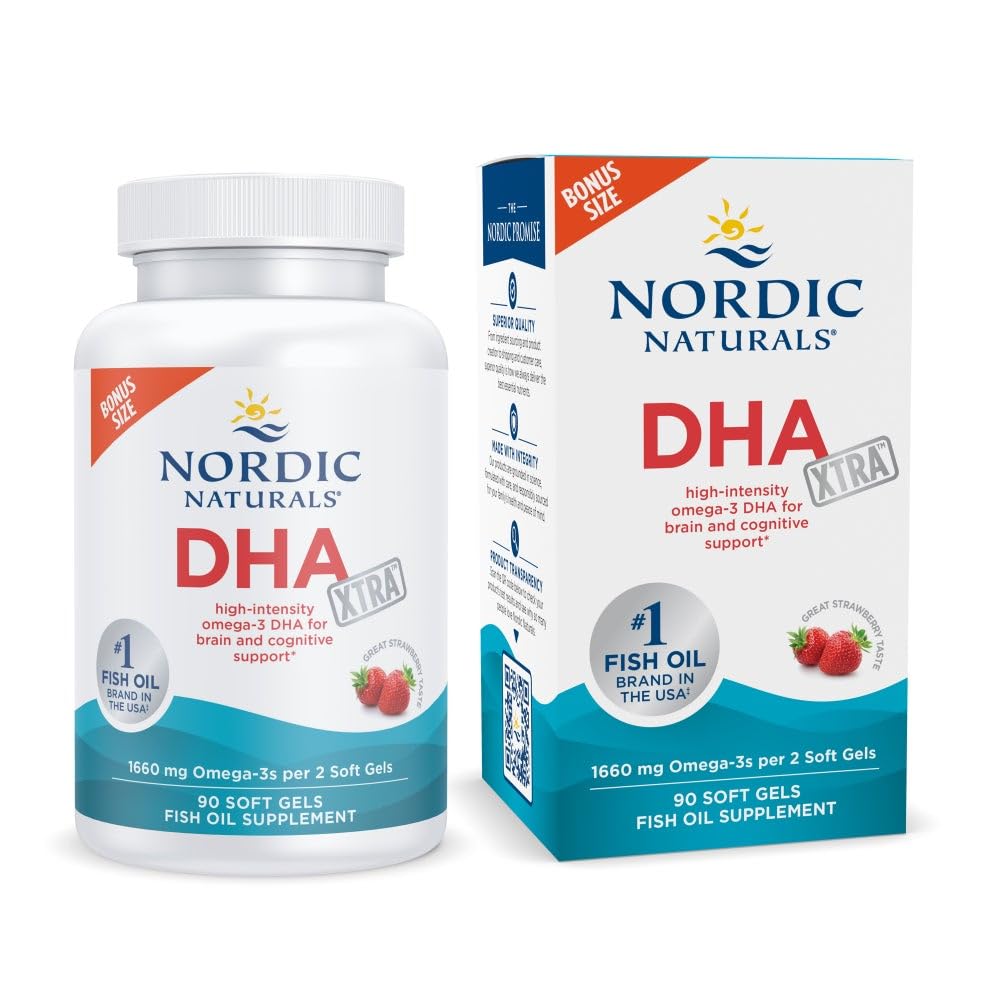 Nordic Naturals DHA Xtra, Strawberry - 90 Soft Gels - 1660 mg Omega-3 - High-Intensity DHA Formula for Brain & Nervous System Support - Maple Wellness Supplements
