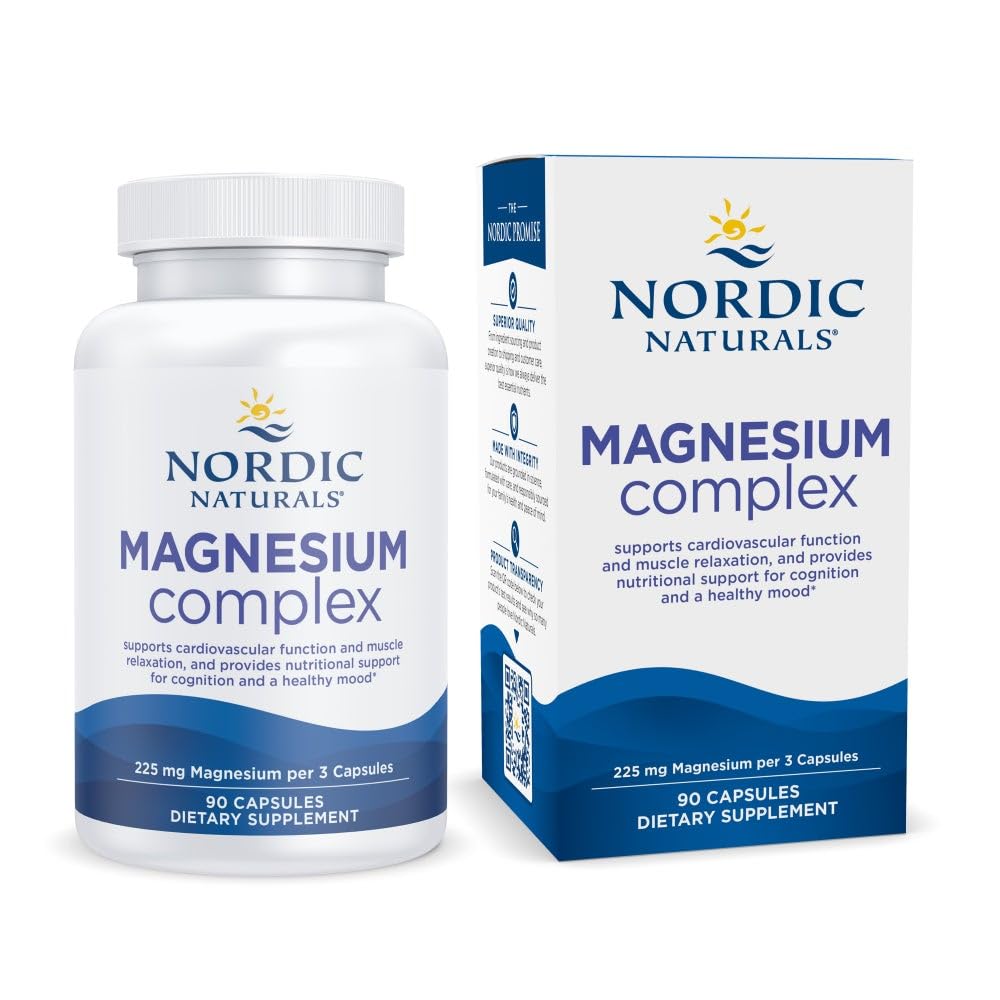 Nordic Naturals Magnesium Complex - 90 Capsules - 225 mg Magnesium, 1.9 mg Iron - Brain & Heart Health, Mood, Energy, & Muscle Relaxation - Non-GMO, Vegan - 30 Servings - Maple Wellness Supplements