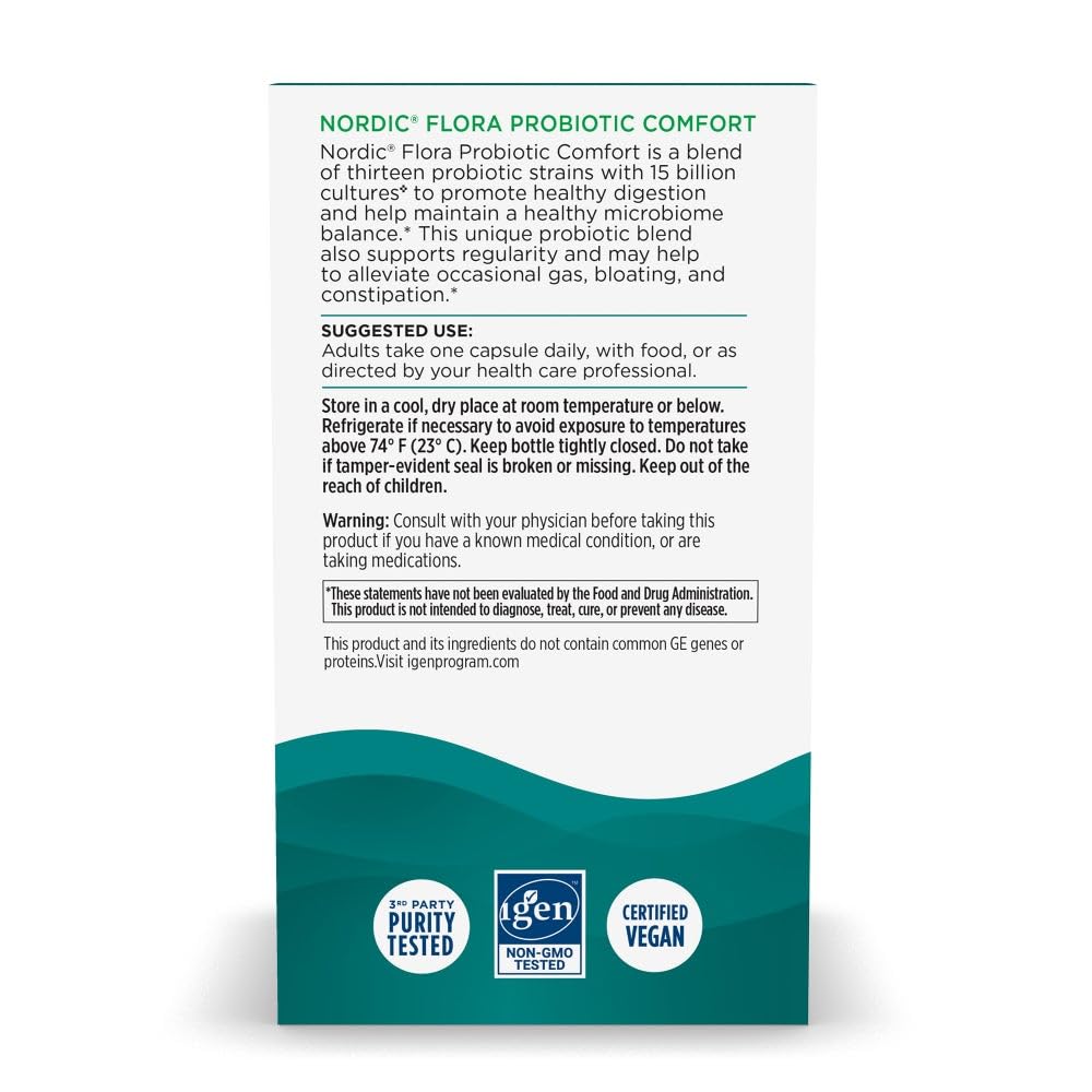 Nordic Naturals Nordic Flora Probiotic Comfort - 30 Capsules - 13 Probiotic Strains w/ 15 Billion Cultures - Supports Regularity & Digestive Comfort, Alleviates Bloating - Maple Wellness Supplements