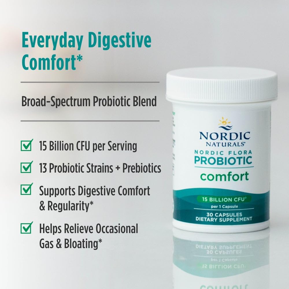 Nordic Naturals Nordic Flora Probiotic Comfort - 30 Capsules - 13 Probiotic Strains w/ 15 Billion Cultures - Supports Regularity & Digestive Comfort, Alleviates Bloating - Maple Wellness Supplements