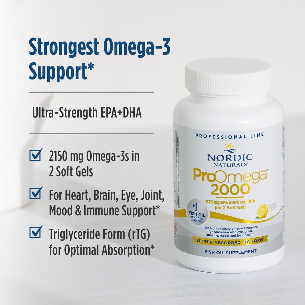 Nordic Naturals ProOmega 2000, Lemon Flavor - 120 Soft Gels - 2150 mg Omega-3 - Ultra High-Potency Fish Oil - EPA & DHA - Promotes Brain, Eye, Heart, & Immune Health - Non-GMO - 60 Servings - Maple Wellness Supplements
