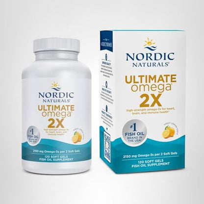 Nordic Naturals Ultimate Omega 2X, Lemon Flavor - 120 Soft Gels - 2150 mg Omega-3 - High-Potency Fish Oil with EPA & DHA - Promotes Brain & Heart Health - Maple Wellness Supplements