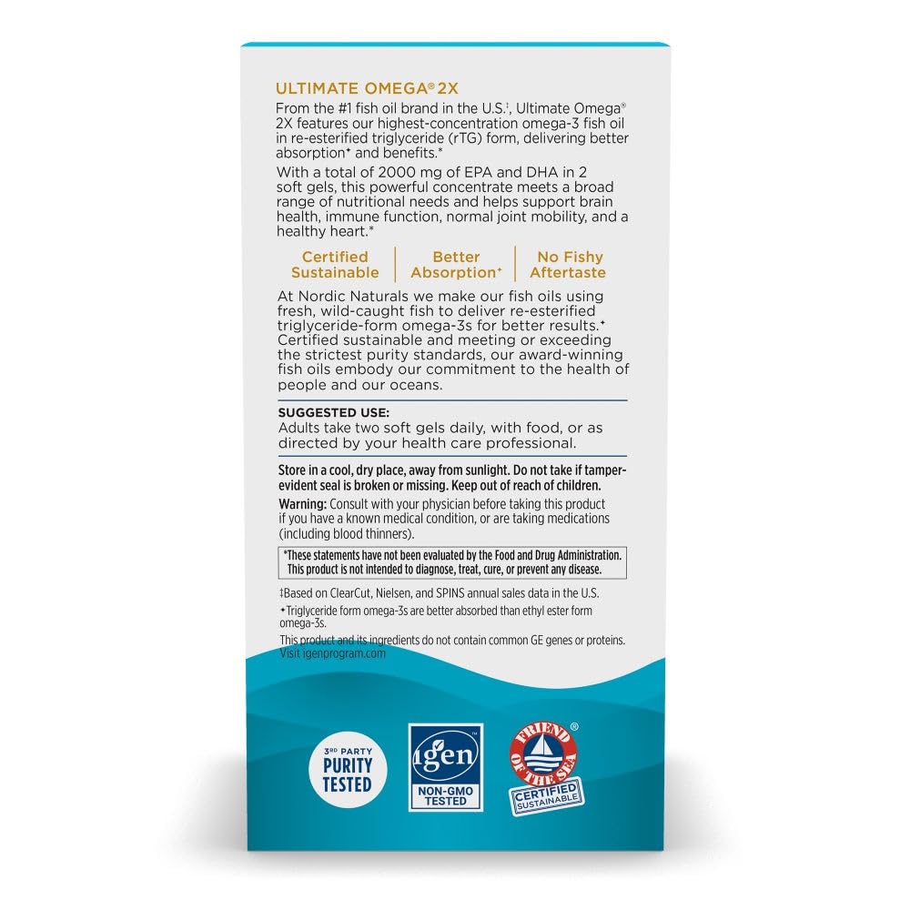 Nordic Naturals Ultimate Omega 2X, Lemon Flavor - 120 Soft Gels - 2150 mg Omega-3 - High-Potency Fish Oil with EPA & DHA - Promotes Brain & Heart Health - Maple Wellness Supplements