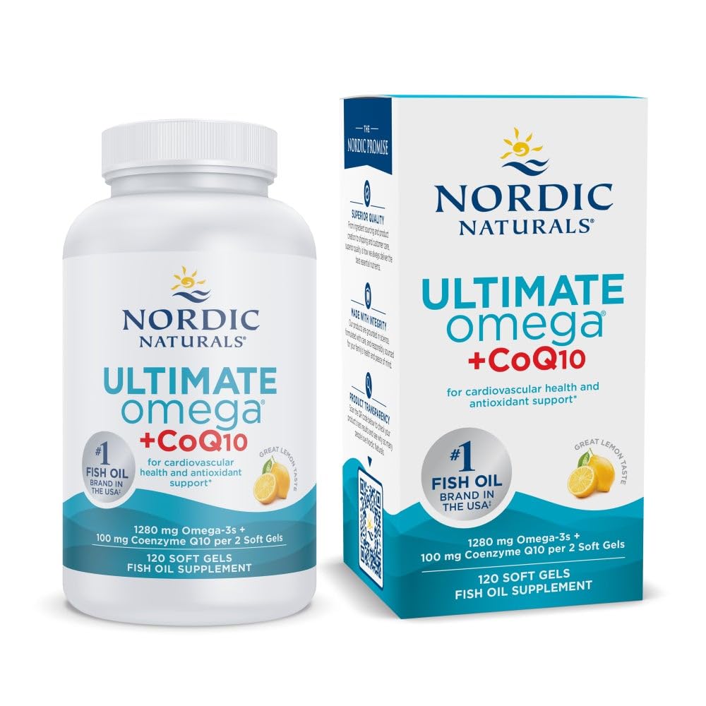 Nordic Naturals Ultimate Omega + CoQ10, Lemon - 120 Soft Gels - 1280 mg Omega-3 + 100 mg CoQ10 - Heart Health, Cellular Energy, Antioxidant Support - Non-GMO - 60 Servings - Maple Wellness Supplements