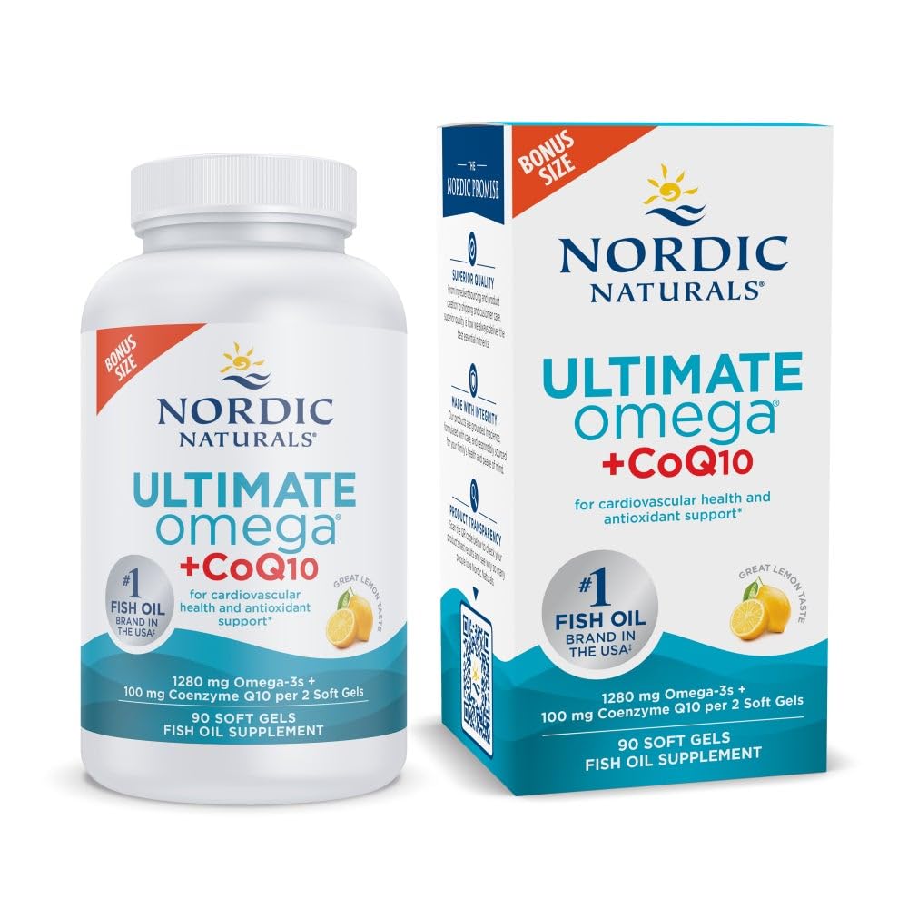Nordic Naturals Ultimate Omega + CoQ10, Lemon - 90 Soft Gels - 1280 mg Omega-3 + 100 mg CoQ10 - Heart Health, Cellular Energy, Antioxidant Support - Non-GMO - 45 Servings - Maple Wellness Supplements