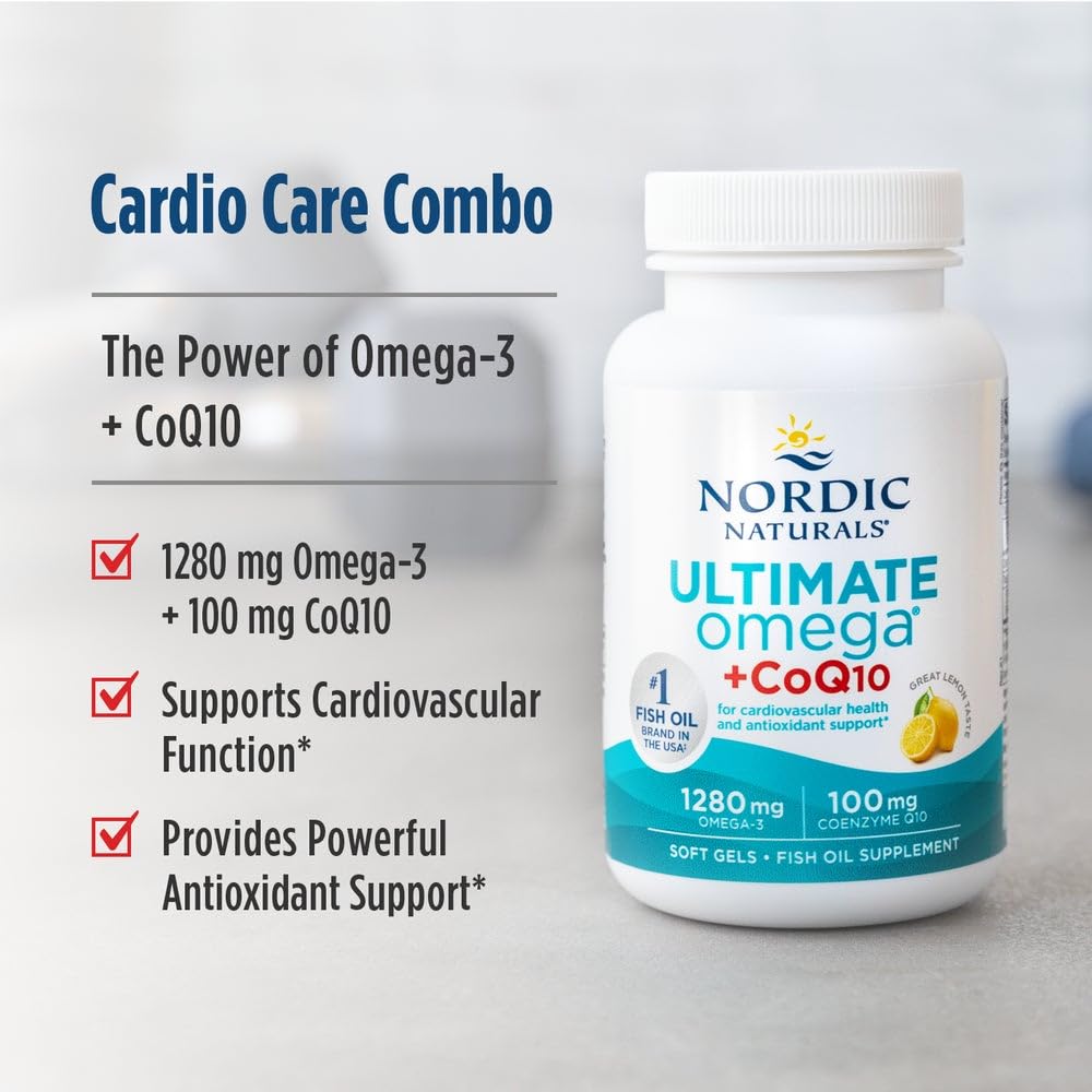 Nordic Naturals Ultimate Omega + CoQ10, Lemon - 90 Soft Gels - 1280 mg Omega-3 + 100 mg CoQ10 - Heart Health, Cellular Energy, Antioxidant Support - Non-GMO - 45 Servings - Maple Wellness Supplements