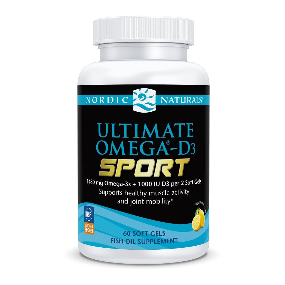 Nordic Naturals Ultimate Omega-D3 Sport, Lemon - 60 Soft Gels - 1480 mg Omega-3 + 1000 IU Vitamin D3 - NSF Certified - Supports Muscle, Bones, Focus & Endurance - 30 Servings - Maple Wellness Supplements