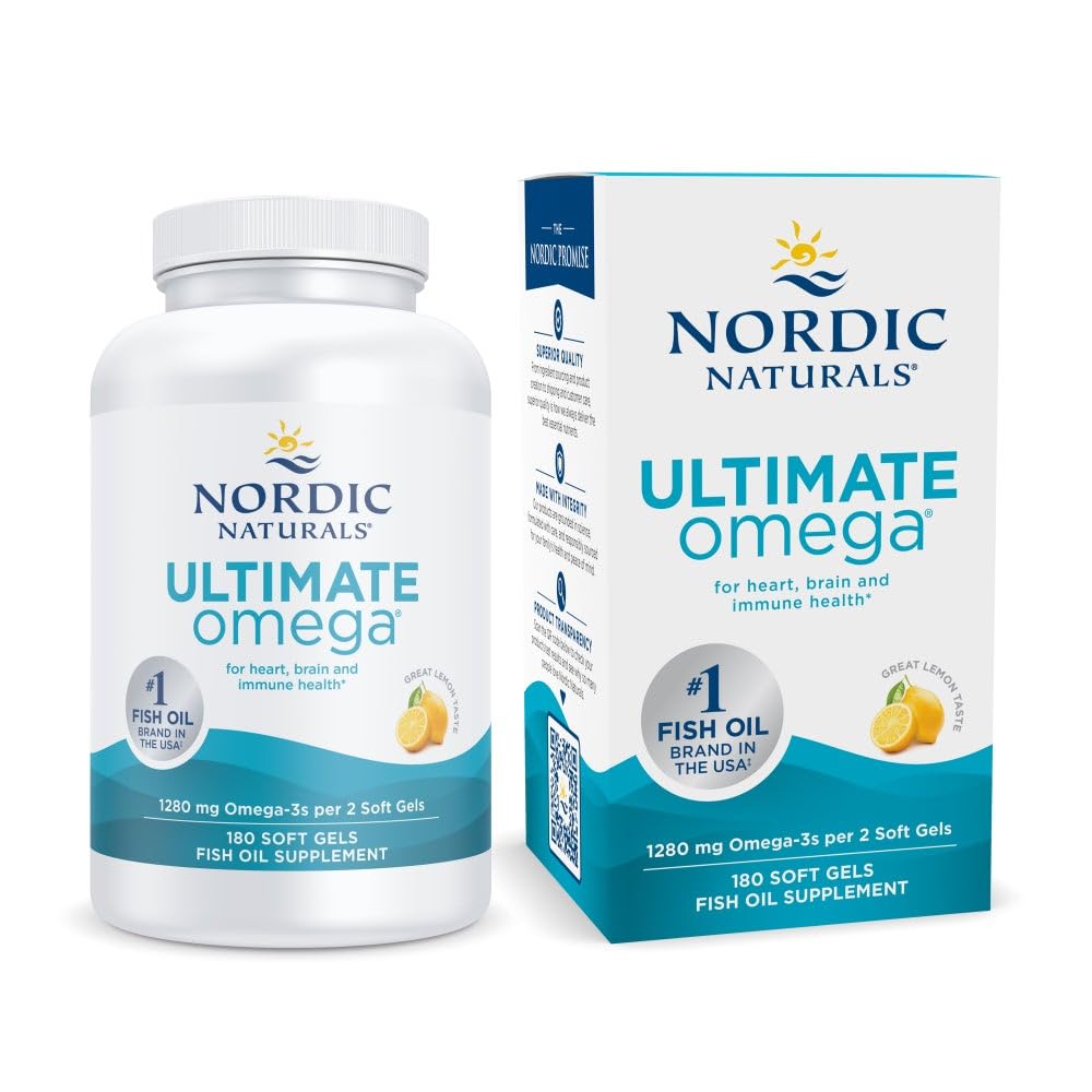 Nordic Naturals Ultimate Omega, Lemon Flavor - 180 Soft Gels - 1280 mg Omega-3 - High-Potency Fish Oil with EPA & DHA - Promotes Brain & Heart Health - Non-GMO - 90 Servings - Maple Wellness Supplements