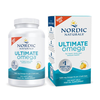 Nordic Naturals Ultimate Omega, Lemon Flavor - 210 Soft Gels - 1280 mg Omega-3 - High-Potency Fish Oil with EPA & DHA - Promotes Brain & Heart Health - Non-GMO - 105 Servings - Maple Wellness Supplements