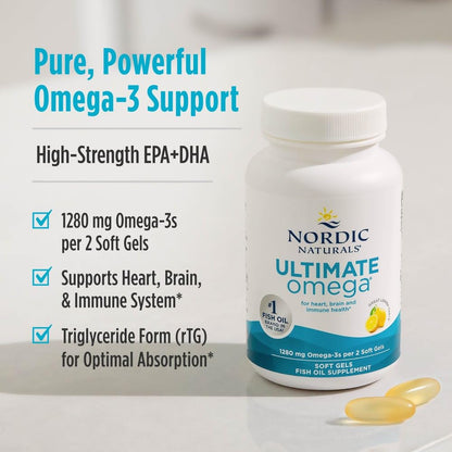 Nordic Naturals Ultimate Omega, Lemon Flavor - 90 Soft Gels - 1280 mg Omega-3 - High-Potency Omega-3 Fish Oil Supplement with EPA & DHA - Promotes Brain & Heart Health - Non-GMO - 45 Servings - Maple Wellness Supplements