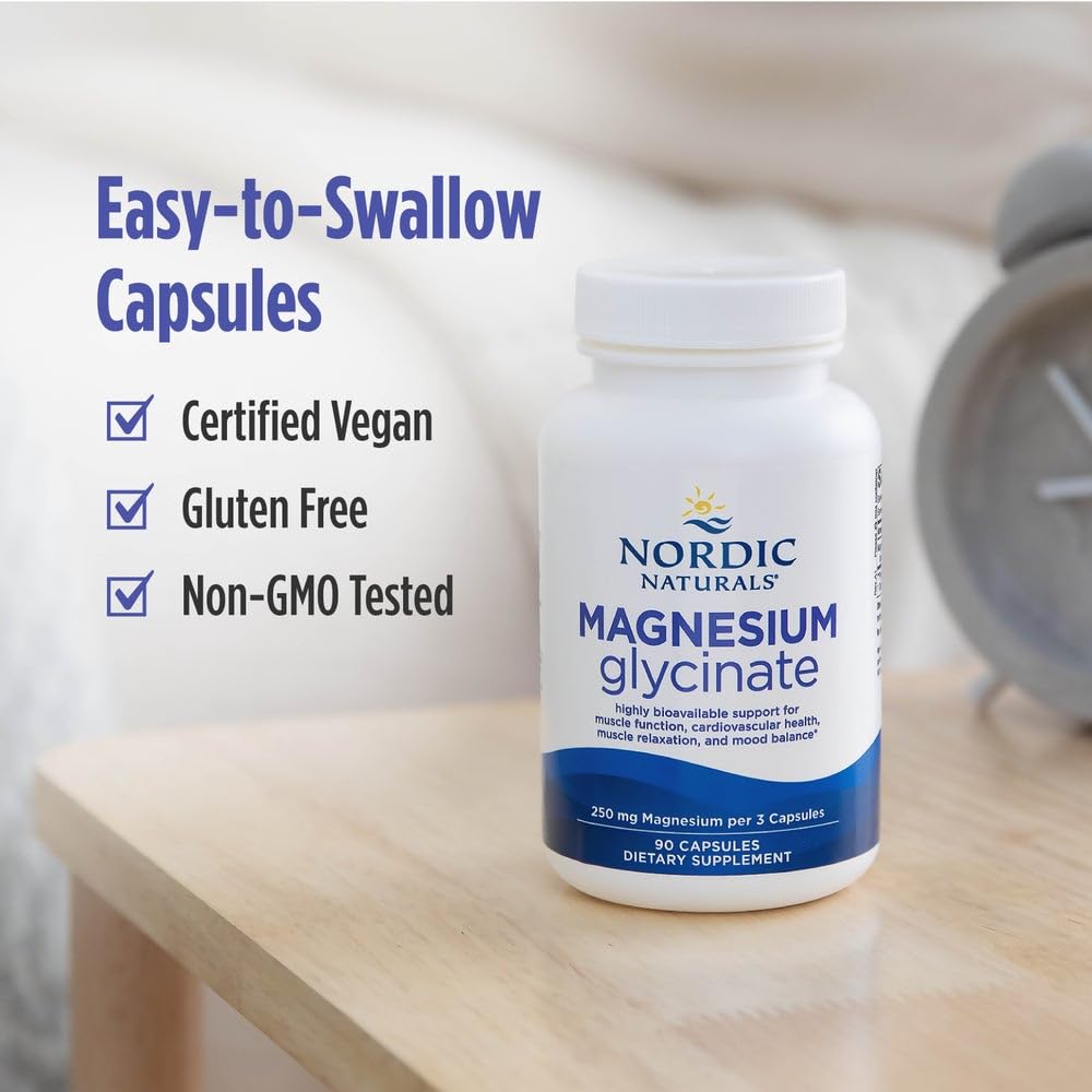 Nordic Naturals Vegetarian Magnesium Glycinate Capsules, Unflavored, 90 Count - 250mg Magnesium per Serving - Highly Bioavailable Support for Muscle & Cardiovascular - Maple Wellness Supplements