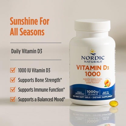 Nordic Naturals Vitamin D3 1000, Orange - 120 Mini Soft Gels - 1000 IU Vitamin D3 - Supports Healthy Bones - Maple Wellness Supplements