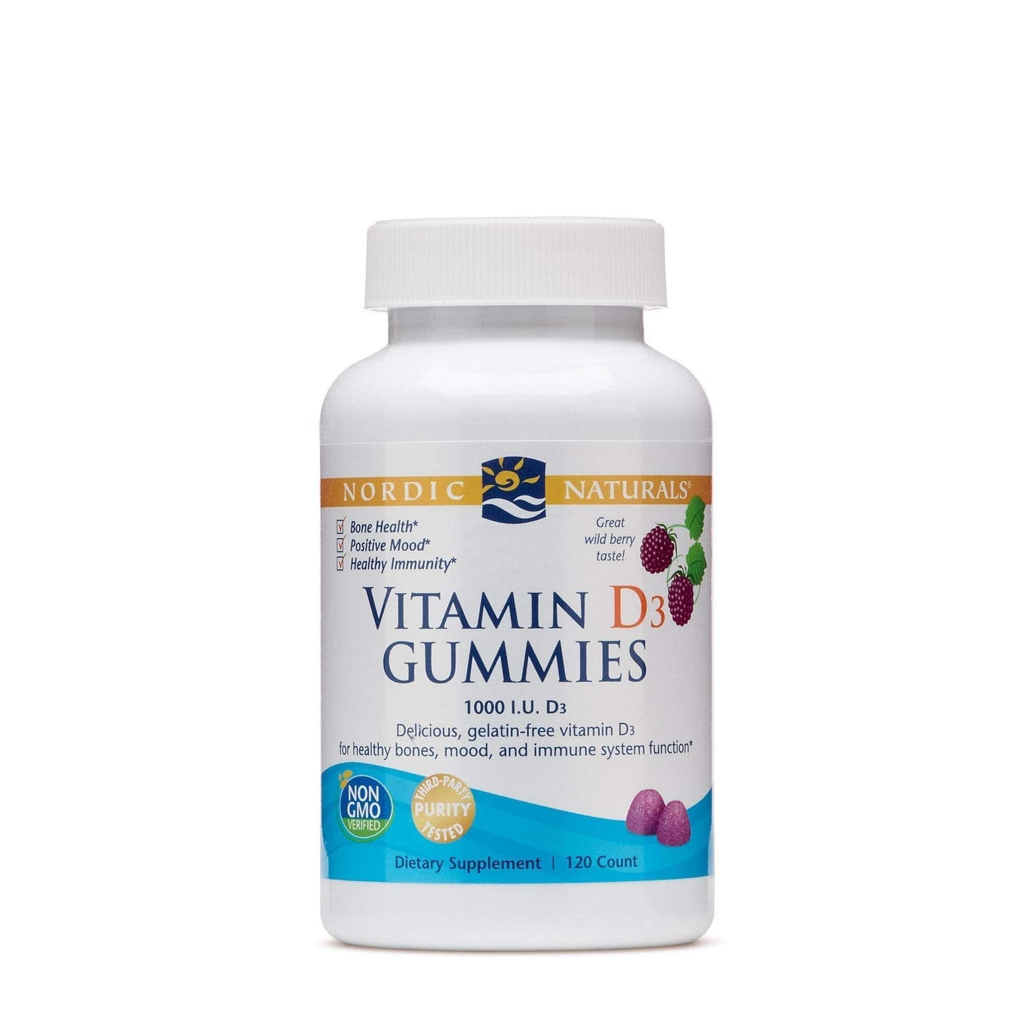 Nordic Naturals Vitamin D3 Gummies, Wild Berry - 120 Gummies - 1000 IU Vitamin D3 - Maple Wellness Supplements