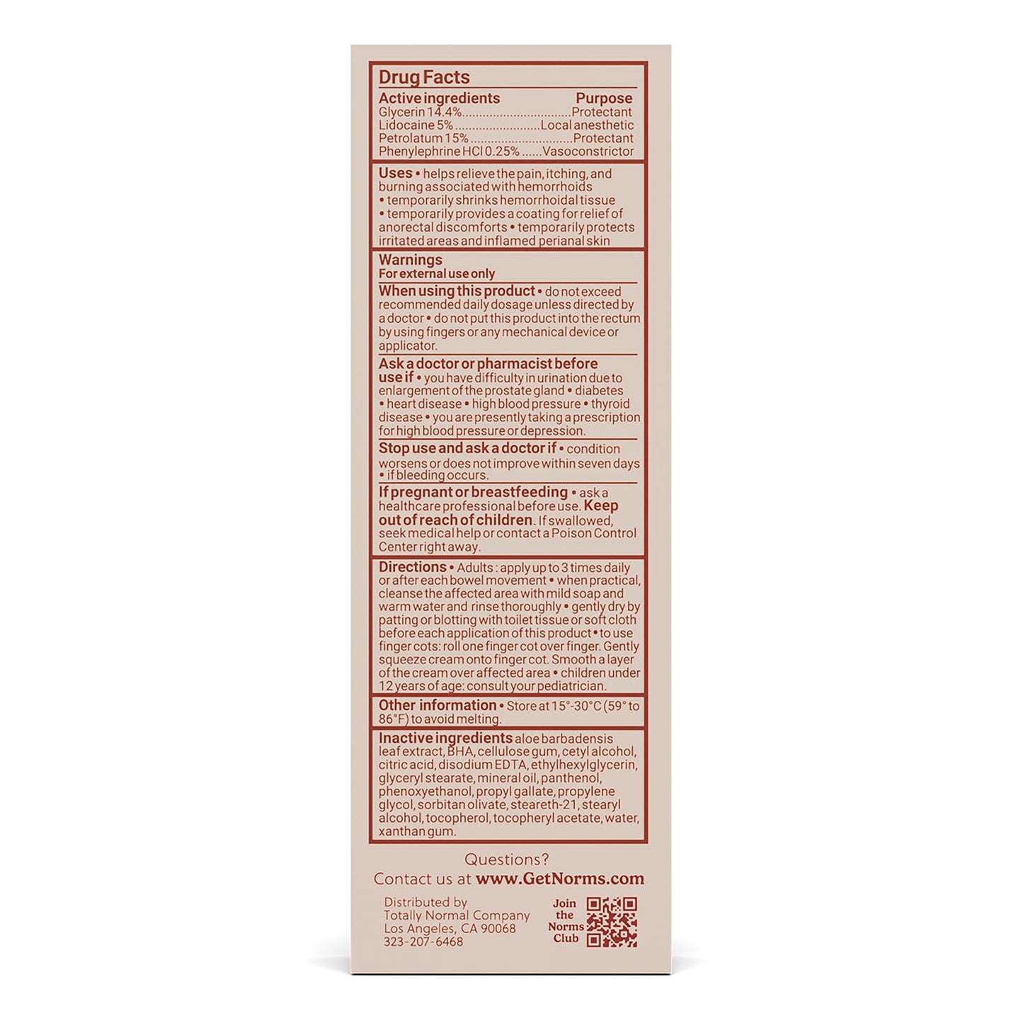Norms Hemorrhoid Treatment Cream, Max Strength 5% Lidocaine, Rapid Relief for Hemorrhoidal Pain, Swelling, Itching, with Phenylephrine HCL, Aloe & Glycerin – Big Squeeze 2oz Tube - Maple Wellness Supplements