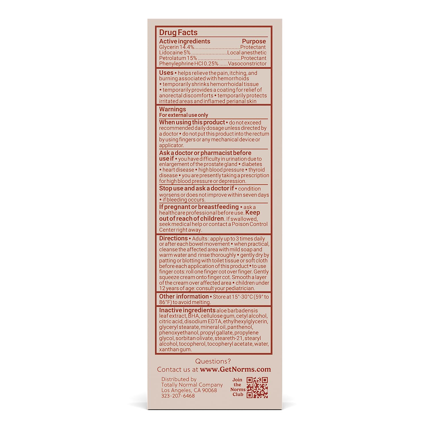Norms Hemorrhoid Treatment Cream, Max Strength 5% Lidocaine, Rapid Relief for Hemorrhoidal Pain, Swelling, Itching, with Phenylephrine HCL, Aloe & Glycerin – Big Squeeze 2oz Tube - Maple Wellness Supplements