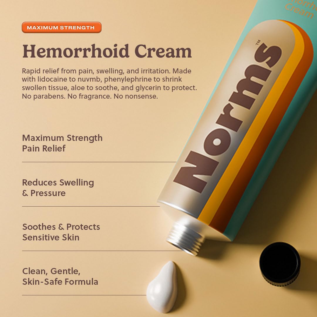Norms Hemorrhoid Treatment Cream, Max Strength 5% Lidocaine, Rapid Relief for Hemorrhoidal Pain, Swelling, Itching, with Phenylephrine HCL, Aloe & Glycerin – Big Squeeze 2oz Tube - Maple Wellness Supplements