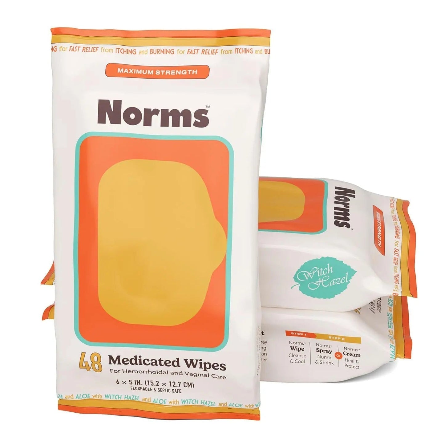 Norms Medicated Hemorrhoid Wipes with Witch Hazel and Aloe, Soothing Flushable Wipes for Itching, Burning & Swelling Relief, Hypoallergenic & Fragrance Free - 48ct (Pack of 3) - Maple Wellness Supplements