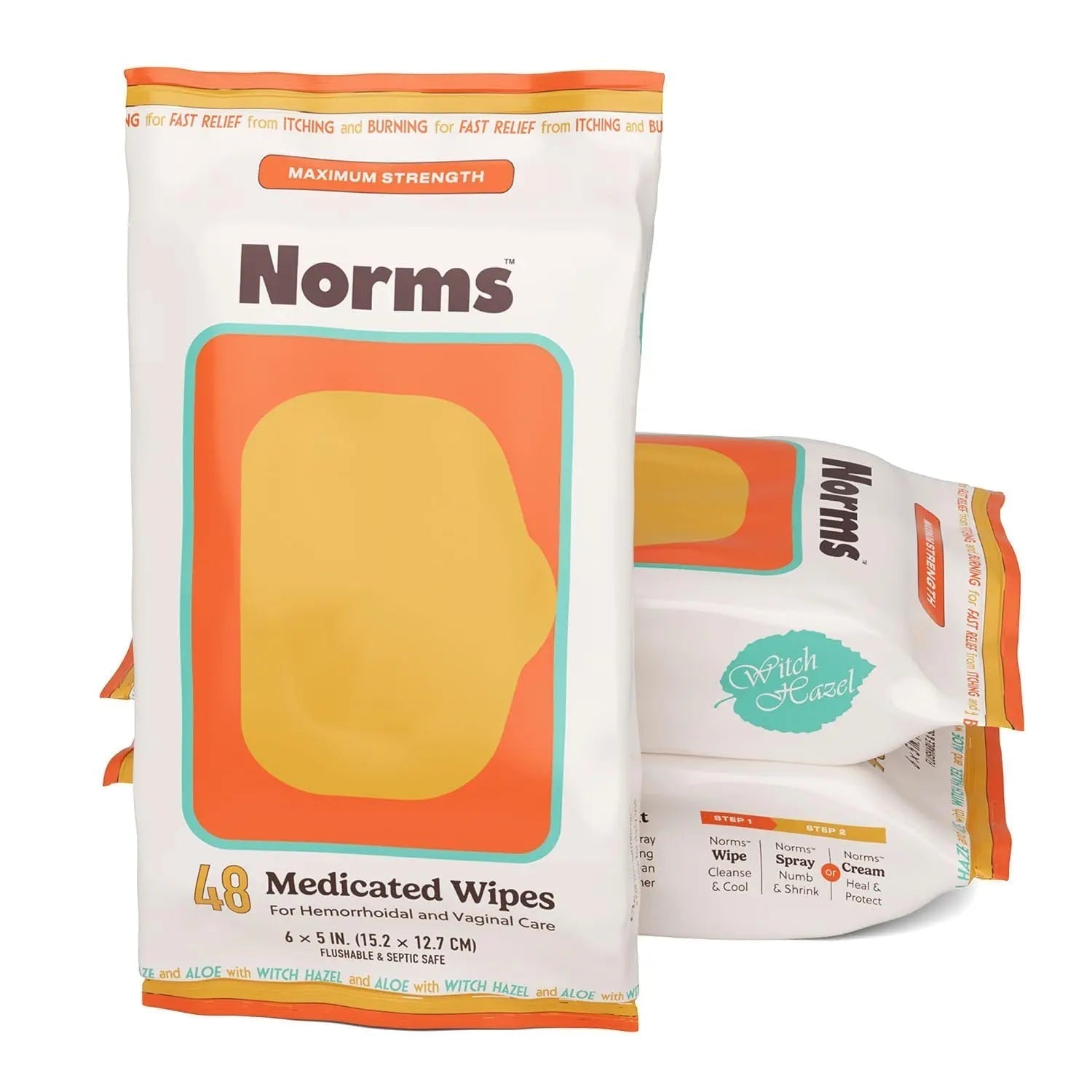 Norms Medicated Hemorrhoid Wipes with Witch Hazel and Aloe, Soothing Flushable Wipes for Itching, Burning & Swelling Relief, Hypoallergenic & Fragrance Free - 48ct (Pack of 3) - Maple Wellness Supplements