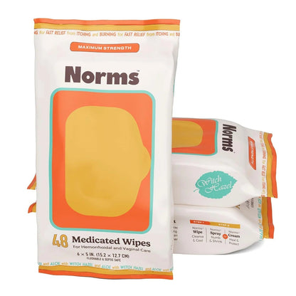 Norms Medicated Hemorrhoid Wipes with Witch Hazel and Aloe, Soothing Flushable Wipes for Itching, Burning & Swelling Relief, Hypoallergenic & Fragrance Free - 48ct (Pack of 3) - Maple Wellness Supplements