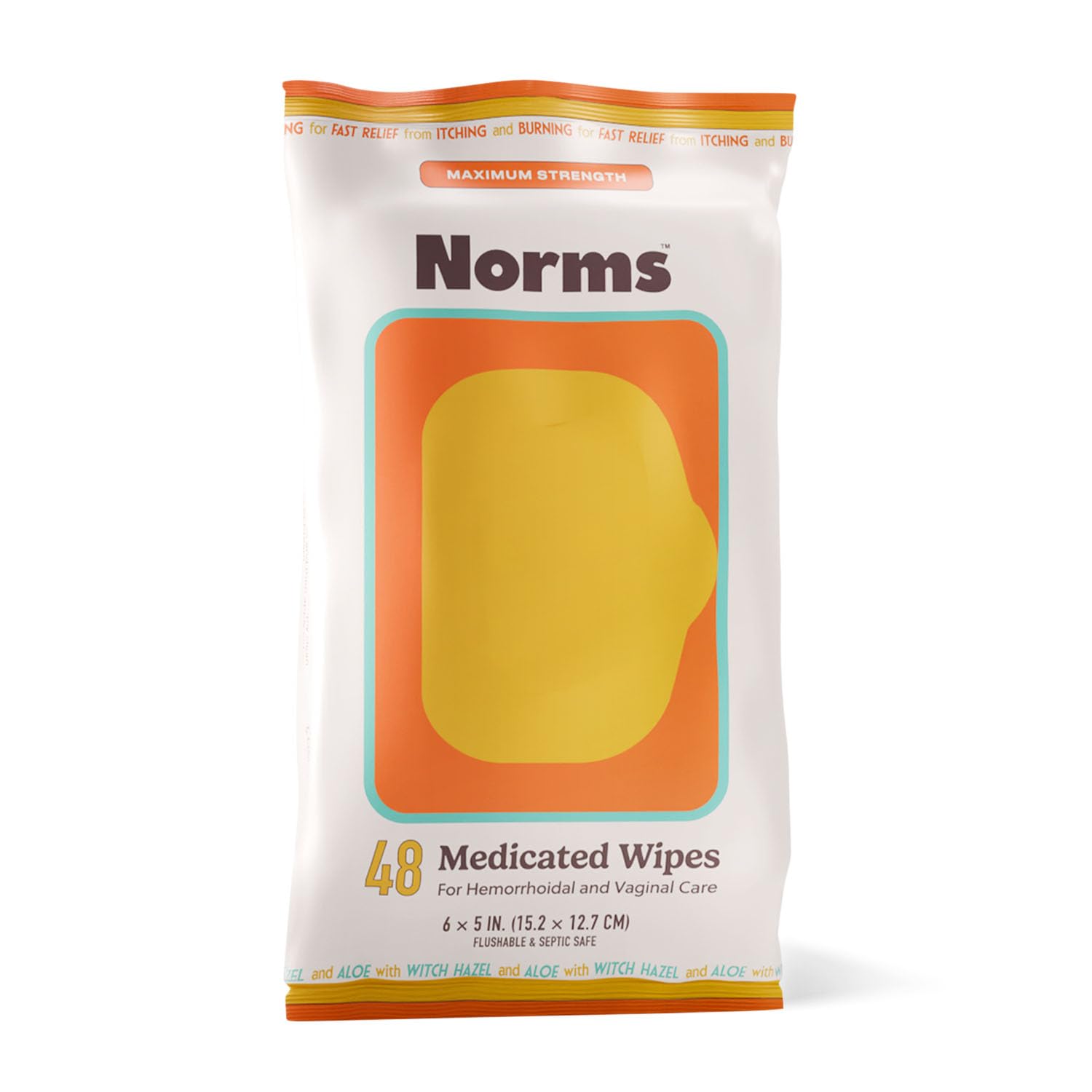 Norms Medicated Hemorrhoid Wipes with Witch Hazel and Aloe, Soothing Flushable Wipes for Itching, Burning & Swelling Relief, Hypoallergenic & Fragrance Free - 48ct (Pack of 1) - Maple Wellness Supplements