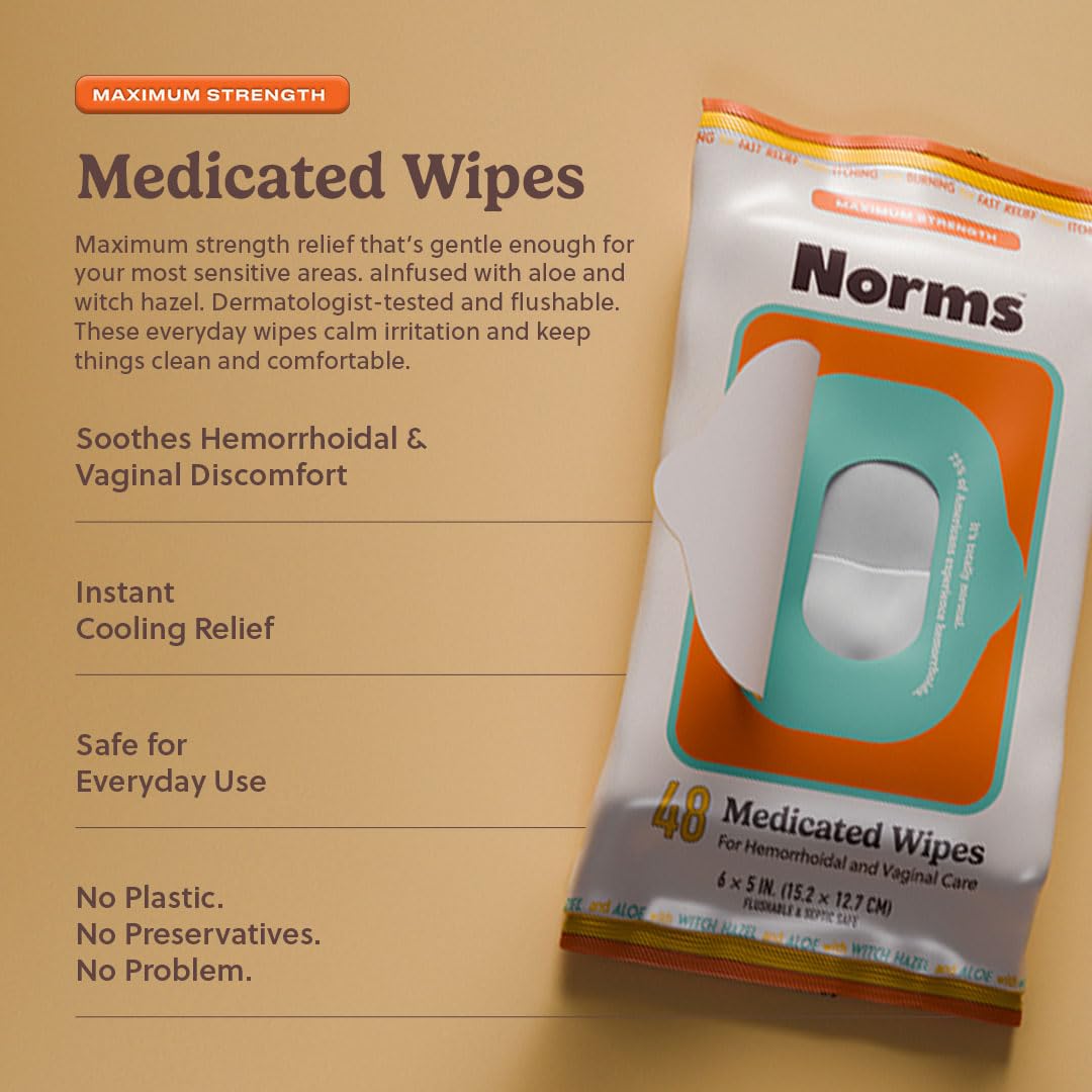 Norms Medicated Hemorrhoid Wipes with Witch Hazel and Aloe, Soothing Flushable Wipes for Itching, Burning & Swelling Relief, Hypoallergenic & Fragrance Free - 48ct (Pack of 1) - Maple Wellness Supplements
